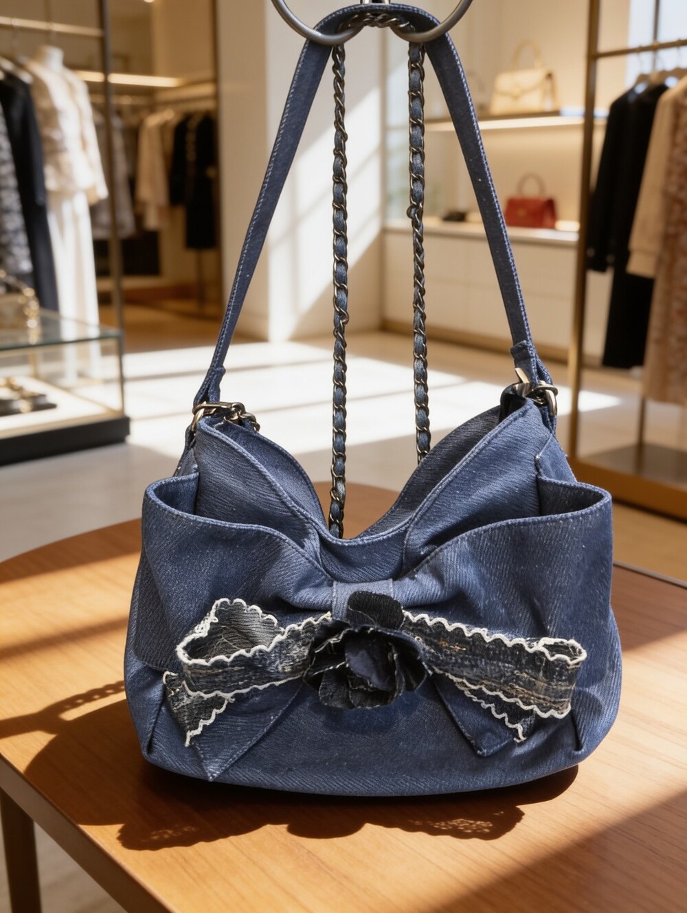 Blue Women's Shoulder Bag with Decorative Bow